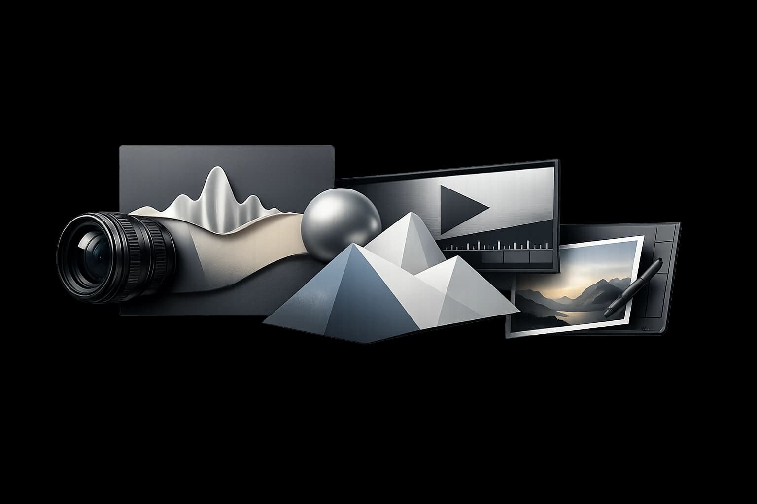 Creative studio fragment composition with camera, waveform, and 3D forms